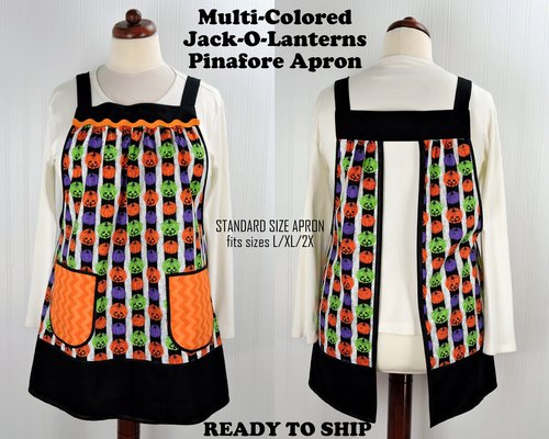 Jack-O-Lanterns Pinafore Apron with no ties, relaxed fit smock with pockets fits L/XL/2X, cute Halloween apron, Ready to Ship
