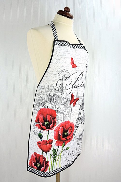 Ooh La La! Retro Chef Apron, pretty hostess apron, romantic Paris Toile with poppies and the Eiffel Tower, ties at neck and waist