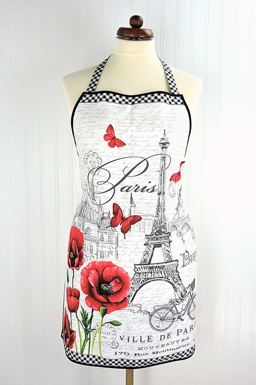 Ooh La La! Retro Chef Apron, pretty hostess apron, romantic Paris Toile with poppies and the Eiffel Tower, ties at neck and waist