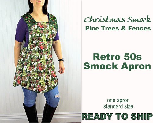 Retro 50s Christmas Smock, Pine Trees and Fences with old Red Trucks relaxed fit H-back apron, fits L/XL ready to ship