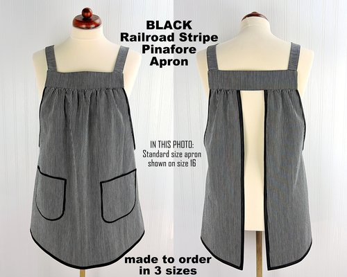 SHIPS FAST~ Black Railroad Stripe Denim Pinafore with no ties, relaxed fit apron, artist smock with pockets, last one L/XL/2X ready to ship