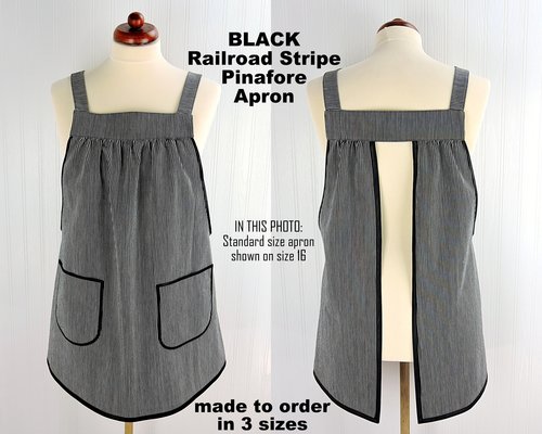 SHIPS FAST~ Black Railroad Stripe Denim Pinafore with no ties, relaxed fit apron, artist smock with pockets, last one L/XL/2X ready to ship