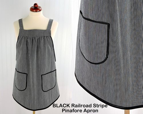 SHIPS FAST~ Black Railroad Stripe Denim Pinafore with no ties, relaxed fit apron, artist smock with pockets, last one L/XL/2X ready to ship