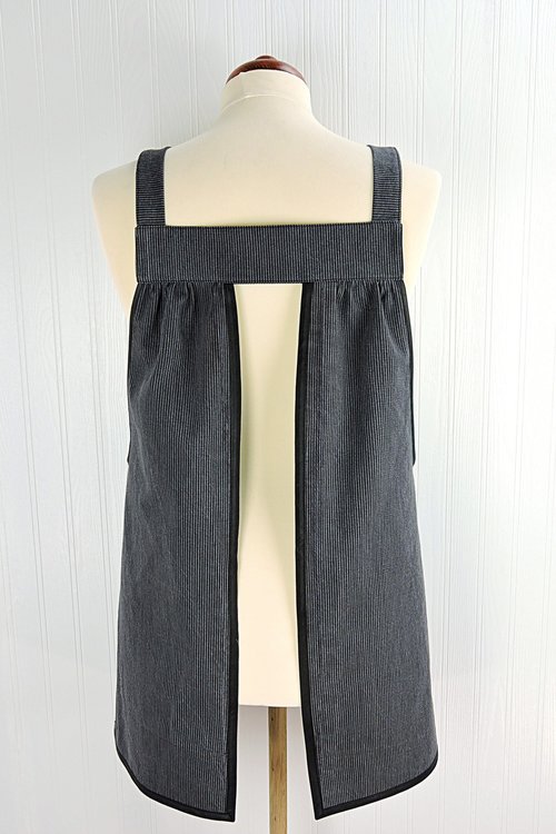 Black & Charcoal Stripe Denim Pinafore with no ties, relaxed fit distressed denim apron, very sturdy artist smock with pockets, LAST ONE