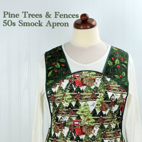 SHIPS FAST~ Retro 50s Christmas Smock, Pine Trees and Fences with old Red Trucks relaxed fit H-back apron, fits L/XL ready to ship