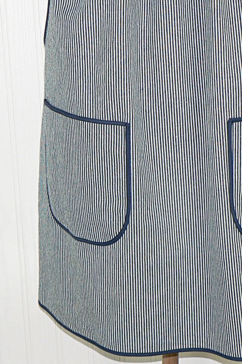 Indigo Railroad Stripe Denim Pinafore with no ties, relaxed fit blue jean apron, sturdy artist smock XS to 5X