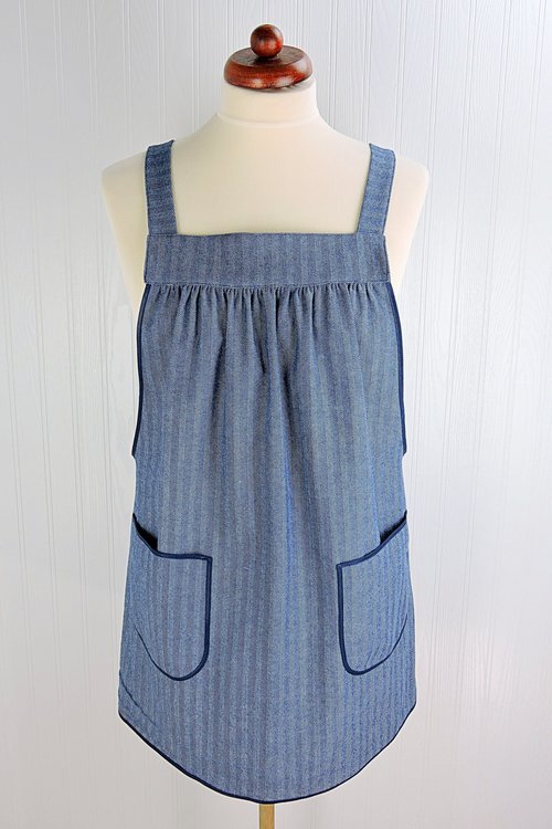 Herringbone Stripe Denim Pinafore with no ties, relaxed fit denim apron, very sturdy artist smock w/ pockets XS to 5X