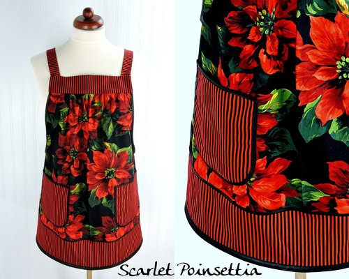 XS-5X Scarlet Poinsettia Pinafore with no ties, relaxed fit smock with pockets, large red poinsettias on black