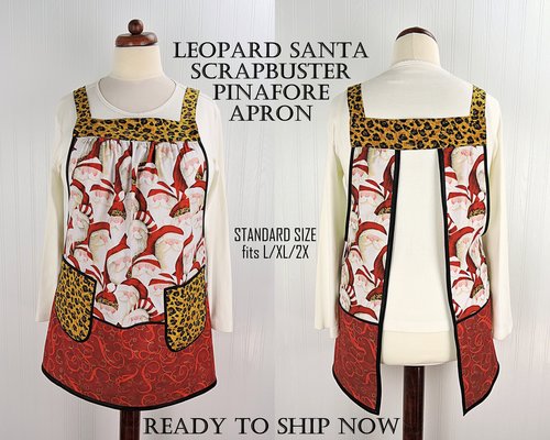 SHIPS FAST~ Delightful Leopard Santa Scrapbuster Pinafore with no ties, relaxed fit smock with pockets fits L/XL/2X ready to ship now