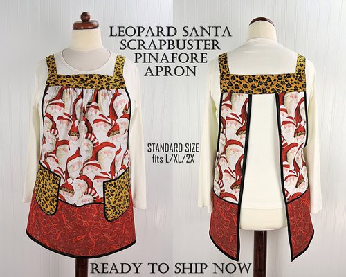 Delightful Leopard Santa Scrapbuster Pinafore with no ties, relaxed fit smock with pockets fits L/XL/2X ready to ship now