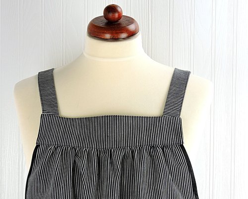 SHIPS FAST~ Black Railroad Stripe Denim Pinafore with no ties, relaxed fit apron, artist smock with pockets, last one L/XL/2X ready to ship