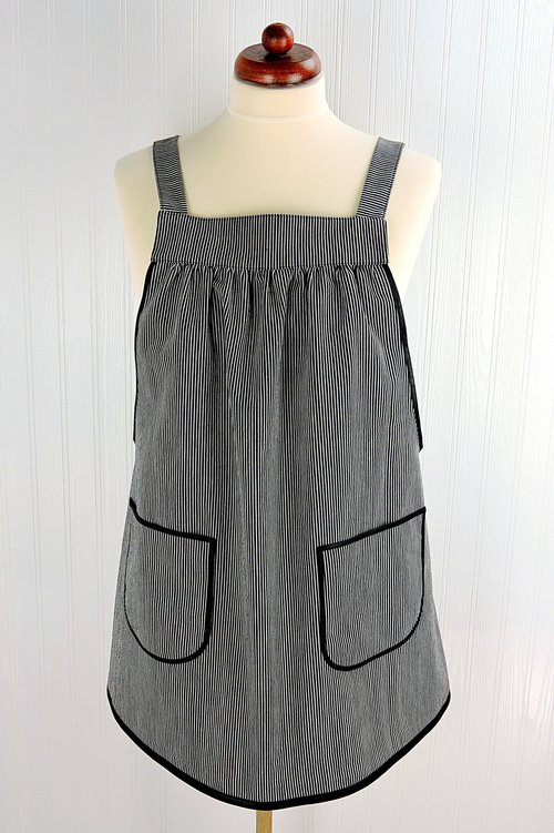 SHIPS FAST~ Black Railroad Stripe Denim Pinafore with no ties, relaxed fit apron, artist smock with pockets, last one L/XL/2X ready to ship