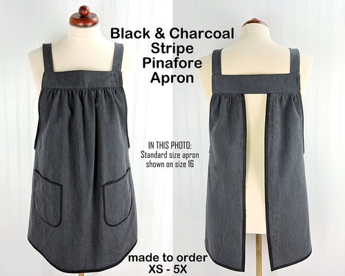 Black & Charcoal Stripe Denim Pinafore with no ties, relaxed fit distressed denim apron, very sturdy artist smock with pockets, LAST ONE