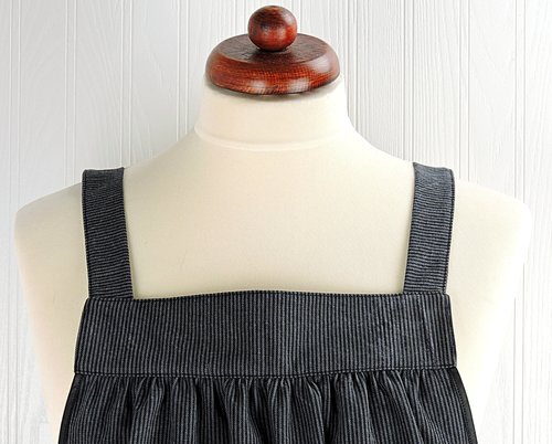 Black & Charcoal Stripe Denim Pinafore with no ties, relaxed fit distressed denim apron, very sturdy artist smock with pockets, LAST ONE