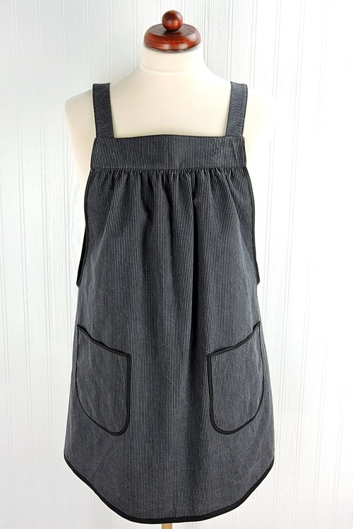 Black & Charcoal Stripe Denim Pinafore with no ties, relaxed fit distressed denim apron, very sturdy artist smock with pockets, LAST ONE