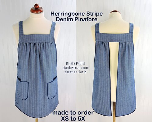 Herringbone Stripe Denim Pinafore with no ties, relaxed fit denim apron, very sturdy artist smock w/ pockets XS to 5X