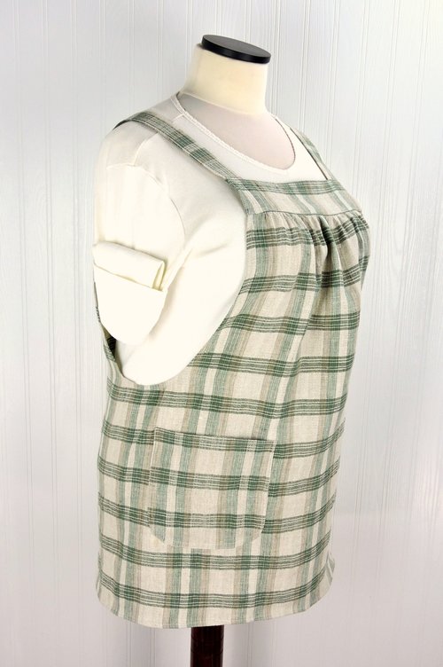 Neutral Plaid Washed Linen Pinafore Apron with no ties, 100% linen smock with pockets, made to order XS - Plus sizes