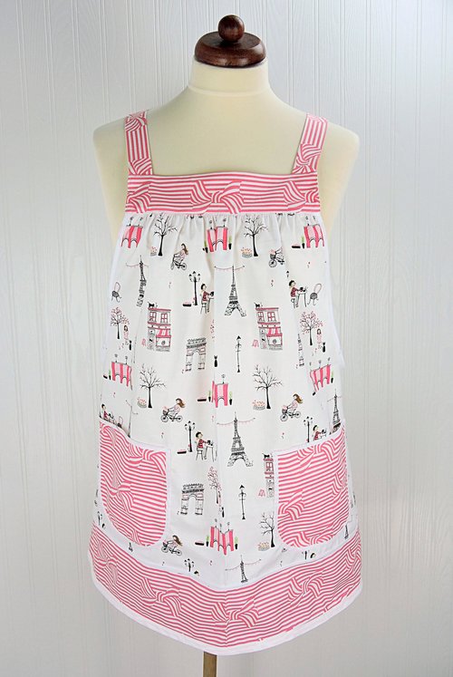 Romantic Paris Valentine Pinafore Apron with no ties, relaxed fit smock apron with pockets, LAST ONE made to order