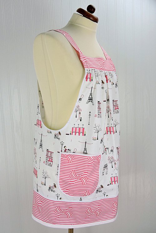 Romantic Paris Valentine Pinafore Apron with no ties, relaxed fit smock apron with pockets, LAST ONE made to order