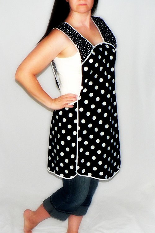 Black and White Polka Dot Retro 50s Smock Apron, relaxed fit "H-back" doesn't touch neck, XS - 4X  w/ pocket options