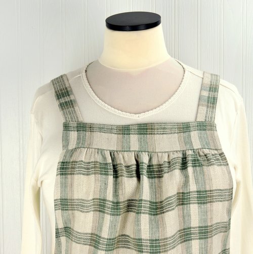 Neutral Plaid Washed Linen Pinafore Apron with no ties, 100% linen smock with pockets, made to order XS - Plus sizes