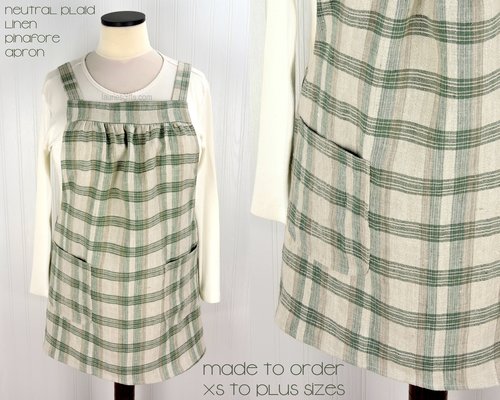 Neutral Plaid Washed Linen Pinafore Apron with no ties, 100% linen smock with pockets, made to order XS - Plus sizes