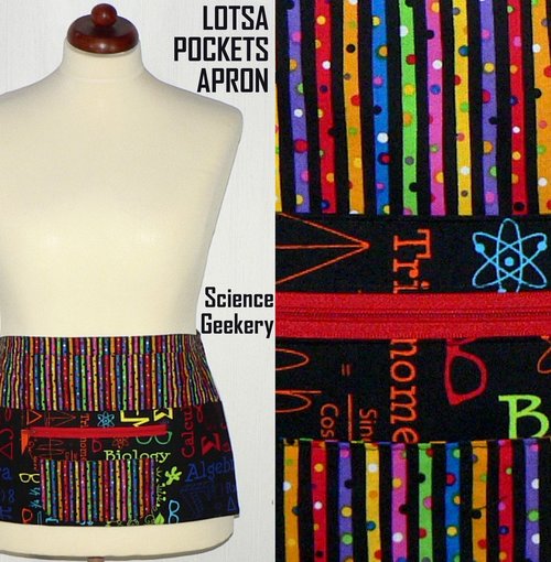 Science Geekery Teacher Half Apron, multi-pocket apron with zipper pocket, for vendors, crafters, standard size fits waists up to 40 inches