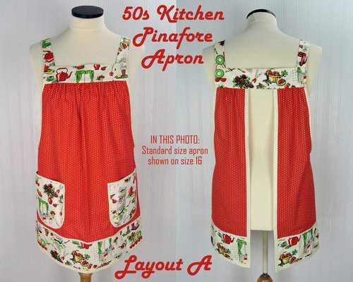 50s Kitchen Pinafore Apron with no ties, smock apron with pockets made-to-order XS to 5X, select fabric arrangement options