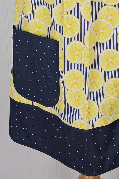 Sunny Lemons on Navy Pinafore Apron with no ties, relaxed fit smock apron with pockets, made to order XS - 5X
