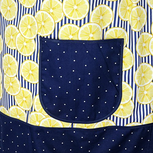 Sunny Lemons on Navy Pinafore Apron with no ties, relaxed fit smock apron with pockets, made to order XS - 5X