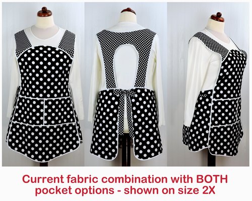Black and White Polka Dot Retro 50s Smock Apron, relaxed fit "H-back" doesn't touch neck, XS - 4X  w/ pocket options