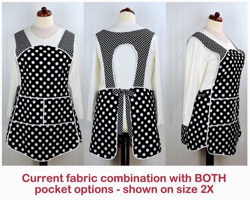Black and White Polka Dot Retro 50s Smock Apron, relaxed fit "H-back" doesn't touch neck, XS - 4X  w/ pocket options