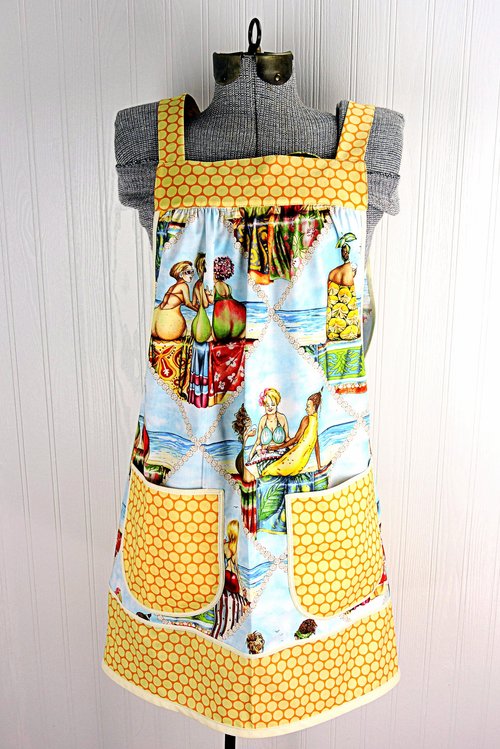 XS/S/M Fruit Ladies at the Beach Scrapbuster Pinafore, retro smock with pockets, no tie apron doesn't touch neck, ready to ship