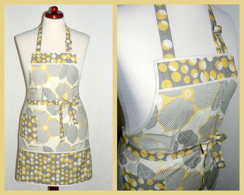 Optic Blossom Retro Chef Apron with pocket, pretty hostess apron, retro kitchen decor, typical one-size-fits-most
