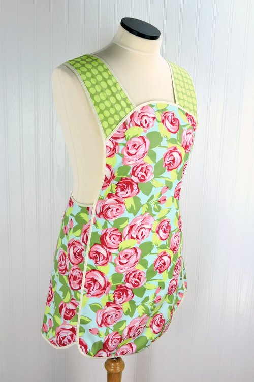 Tumble Roses in Green & Pink Retro Smock Apron, relaxed fit with no neck ties (H-back apron) LAST ONE fits L/XL