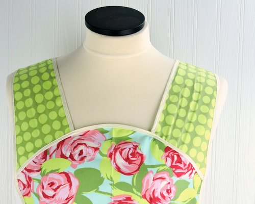 Tumble Roses in Green & Pink Retro Smock Apron, relaxed fit with no neck ties (H-back apron) XS - 4X with opt pockets