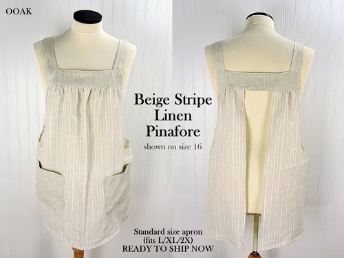 SHIPS FAST~ Beige Stripe Linen Pinafore with no ties, washed linen smock with pockets (oatmeal color) Standard Size L/XL/2X ready to ship