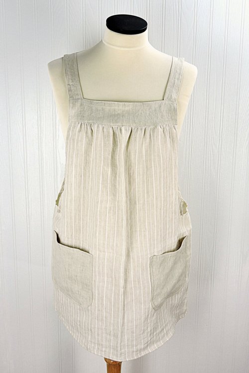 SHIPS FAST~ Beige Stripe Linen Pinafore with no ties, washed linen smock with pockets (oatmeal color) Standard Size L/XL/2X ready to ship