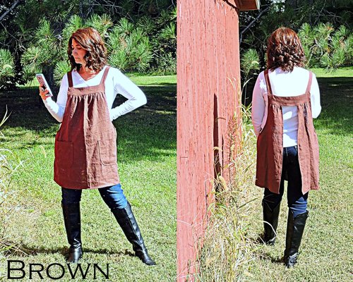 XS - 5X Natural LINEN Pinafore Apron with no ties (22 color options) Washed Linen Relaxed Fit Smock with pockets, handmade by Laurie