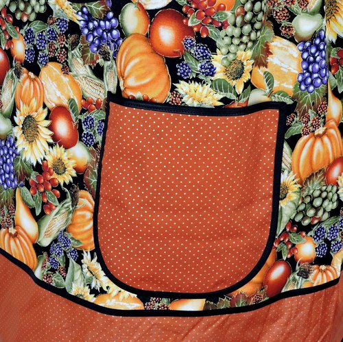 Sunflower Harvest Pinafore with no ties, relaxed fit smock with pockets, fall vegetables & fruit, fits L/XL/2X, ready to ship