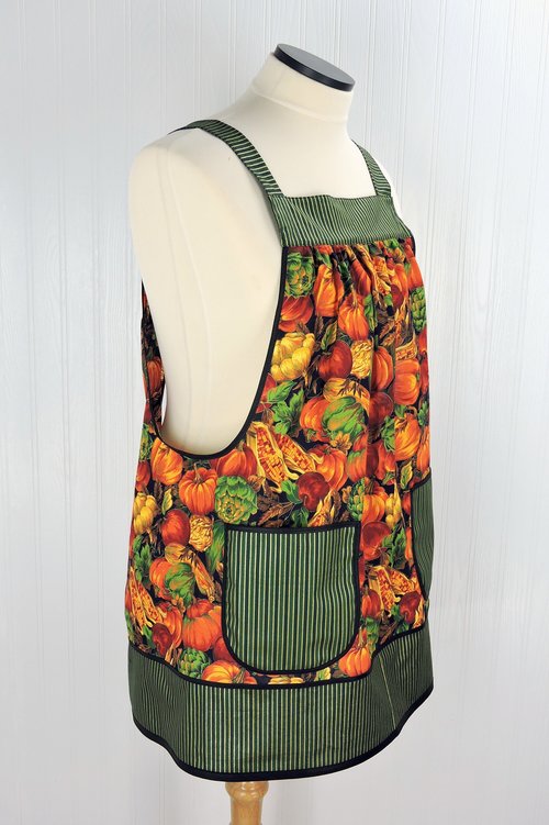 Bountiful Harvest Pinafore Apron with no ties, relaxed fit smock with pockets, fall pumpkins, made to order XS to 5X