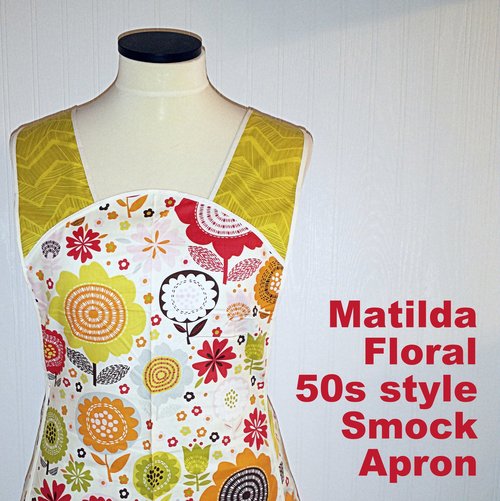 SHIPS FAST~ Matilda Floral 50s Style Smock Apron, relaxed fit apron (H back style doesn't touch neck) Standard Size fits L/XL ready to ship