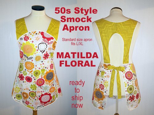 SHIPS FAST~ Matilda Floral 50s Style Smock Apron, relaxed fit apron (H back style doesn't touch neck) Standard Size fits L/XL ready to ship