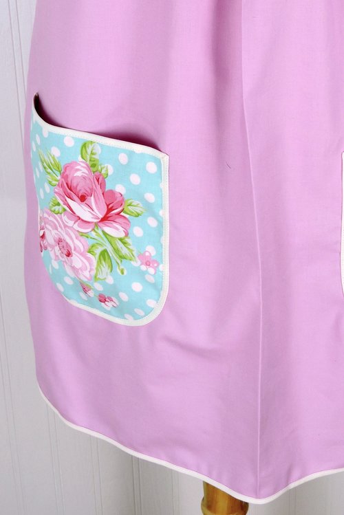 Delightful Pink Pinafore with aqua floral accents, relaxed fit smock with pockets, no tie apron fits L/XL/2X, ready to ship now
