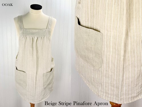 SHIPS FAST~ Beige Stripe Linen Pinafore with no ties, washed linen smock with pockets (oatmeal color) Standard Size L/XL/2X ready to ship