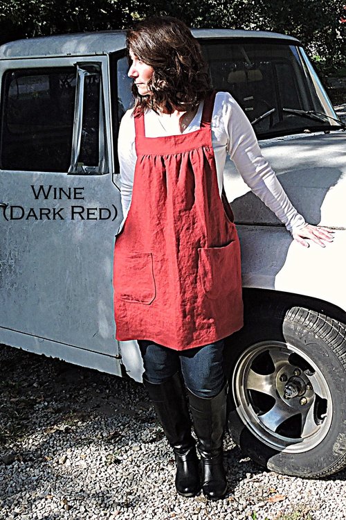 XS - 5X Natural LINEN Pinafore Apron with no ties (22 color options) Washed Linen Relaxed Fit Smock with pockets, handmade by Laurie