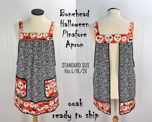 SHIPS FAST~ Bonehead Halloween Pinafore Apron with no ties, relaxed fit smock with pockets, skulls + bones apron fits L/XL/2X, Ready to Ship