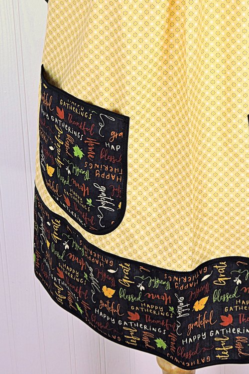SHIPS FAST~ Thanksgiving Hostess Apron, Happy Gatherings Pinafore with no ties, relaxed fit smock with pockets fits L/XL/2X, ready to ship