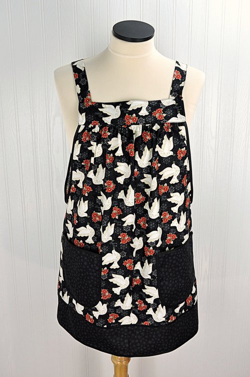Peace Doves Pinafore with no ties, relaxed fit smock with pockets fits L/XL/2X, Christmas baking apron ready to ship now