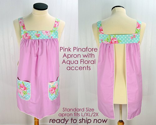 Delightful Pink Pinafore with aqua floral accents, relaxed fit smock with pockets, no tie apron fits L/XL/2X, ready to ship now